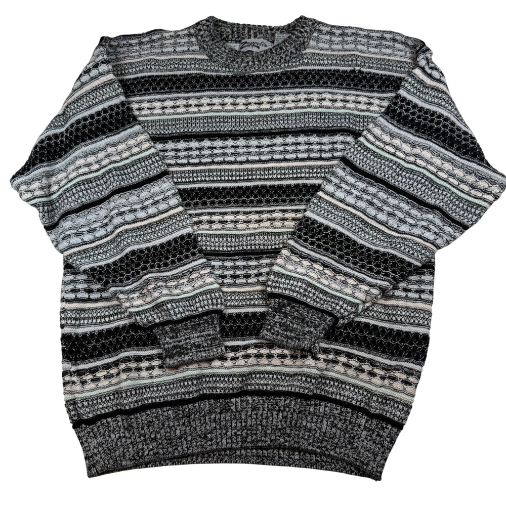 Vtg 80s 90s Zeppelin Textured Sweater Mens XL Striped Coogi‎ Style Ramie Cotton